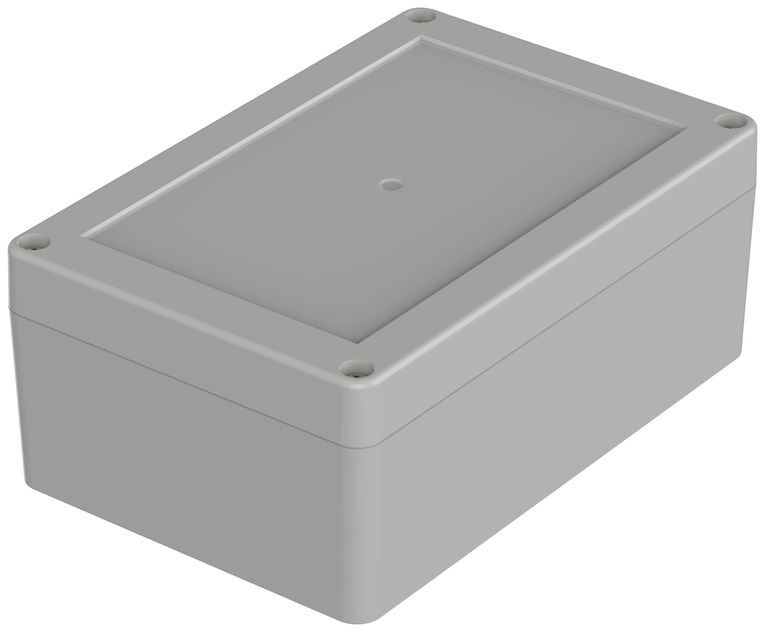 Boîtier rectangulaire en plastique gris avec des fermetures à vis aux angles, adapté pour protéger des composants électroniques.