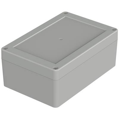 Boîtier rectangulaire en plastique gris avec des fermetures à vis aux angles, adapté pour protéger des composants électroniques.