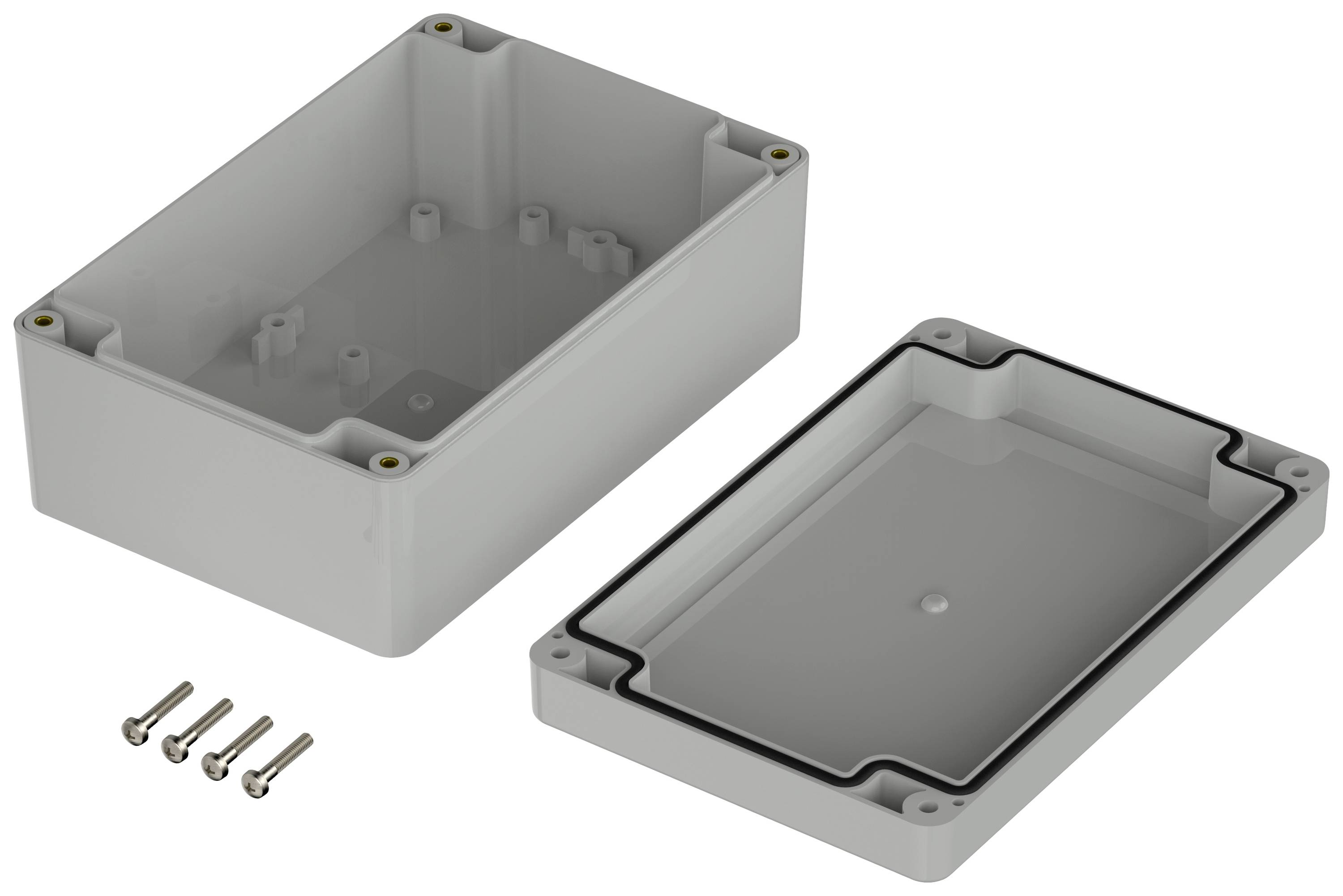 Un boîtier rectangulaire en plastique gris, composé de deux parties et de quatre vis. Adapté pour le rangement sécurisé de composants électroniques.