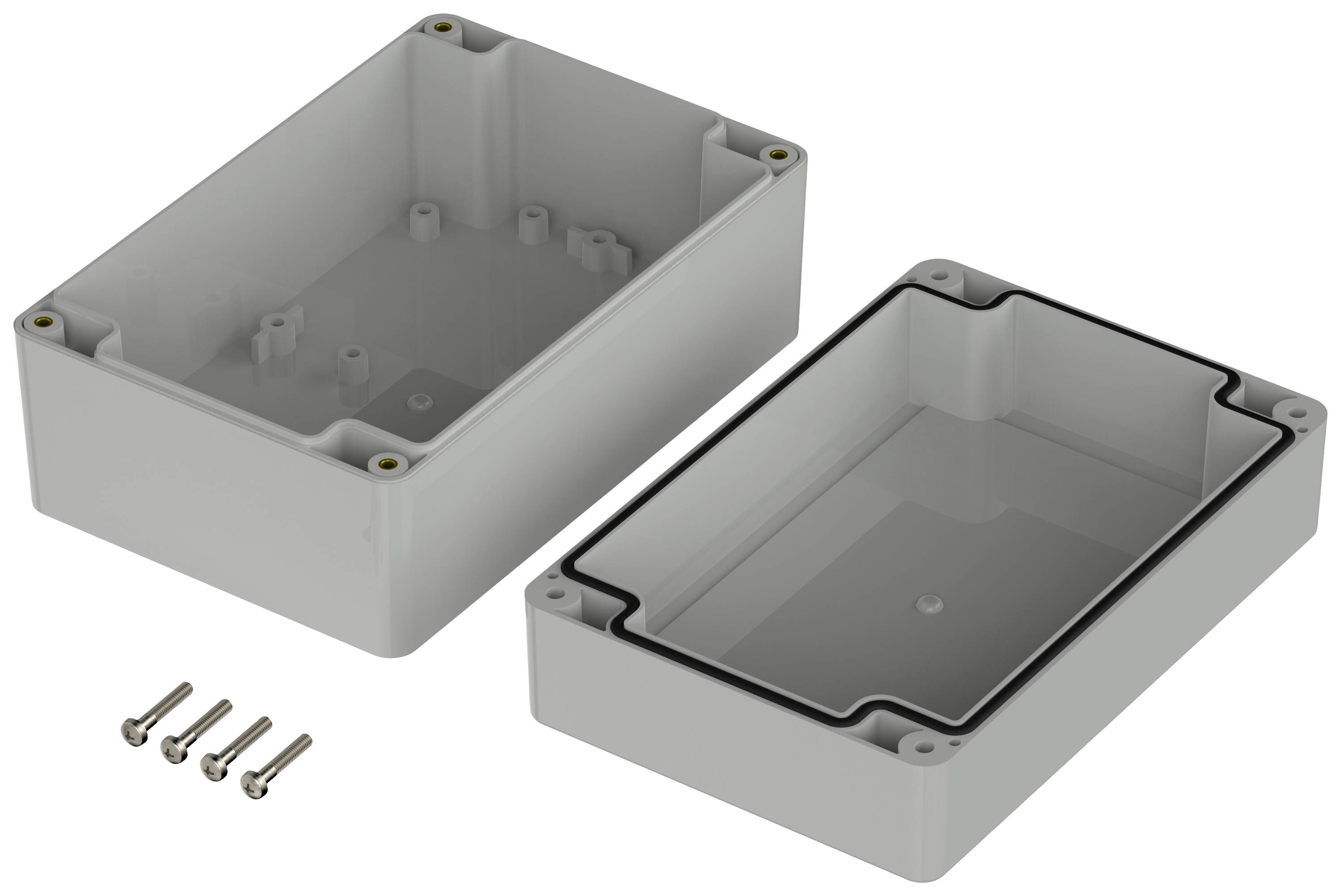 'Kit de boîtier en plastique gris, composé de deux parties rectangulaires et de quatre vis. Adapté pour protéger des composants électroniques.'