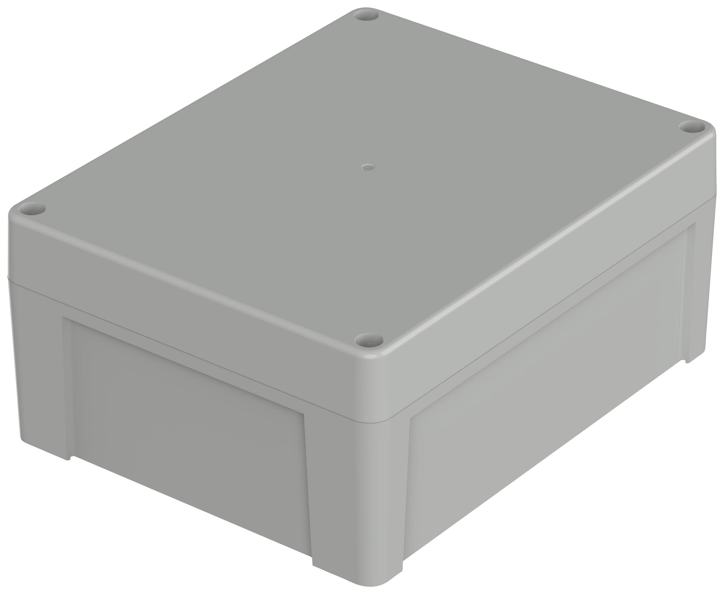 Boîtier en plastique gris rectangulaire à surface lisse et coins arrondis, adapté pour loger des dispositifs électroniques.