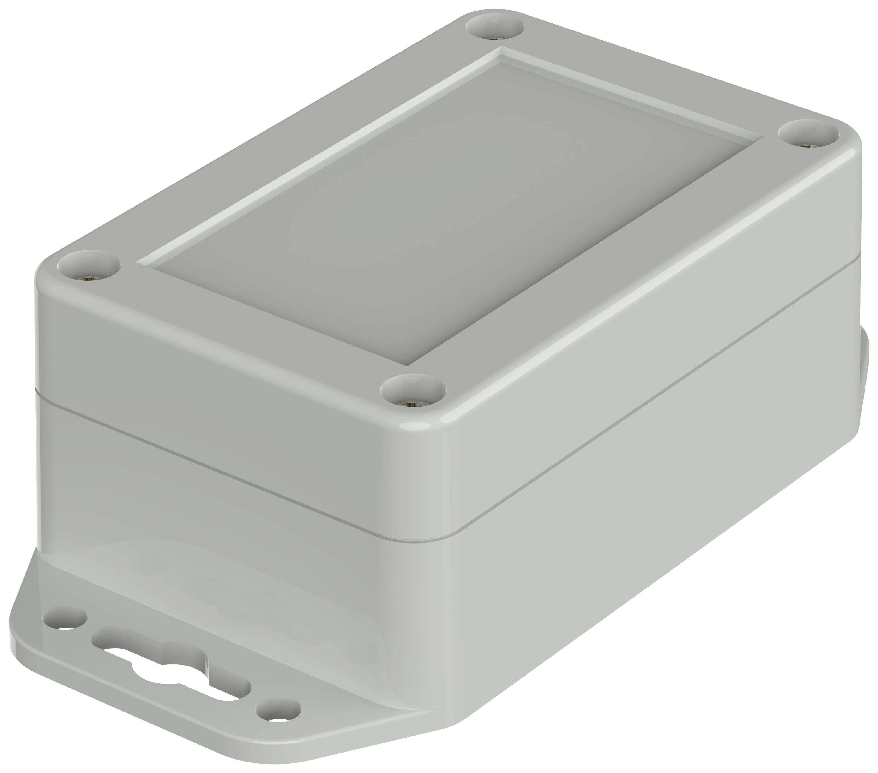 Un boîtier rectangulaire en plastique gris avec quatre trous de vis aux angles et une surface supérieure plate.