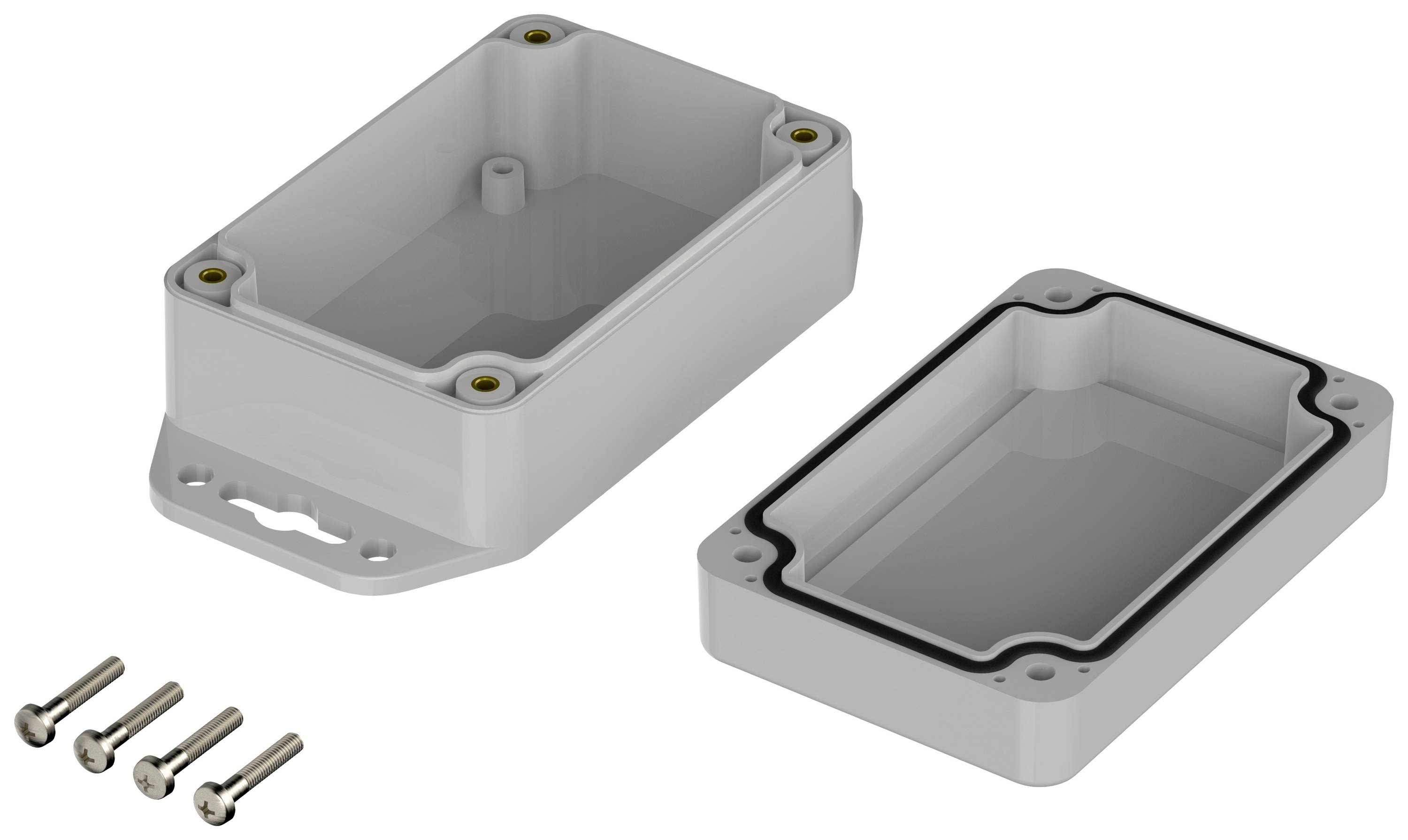Boîtier avec couvercle amovible et joint d'étanchéité, à côté de quatre vis. Convient pour la protection de composants techniques.