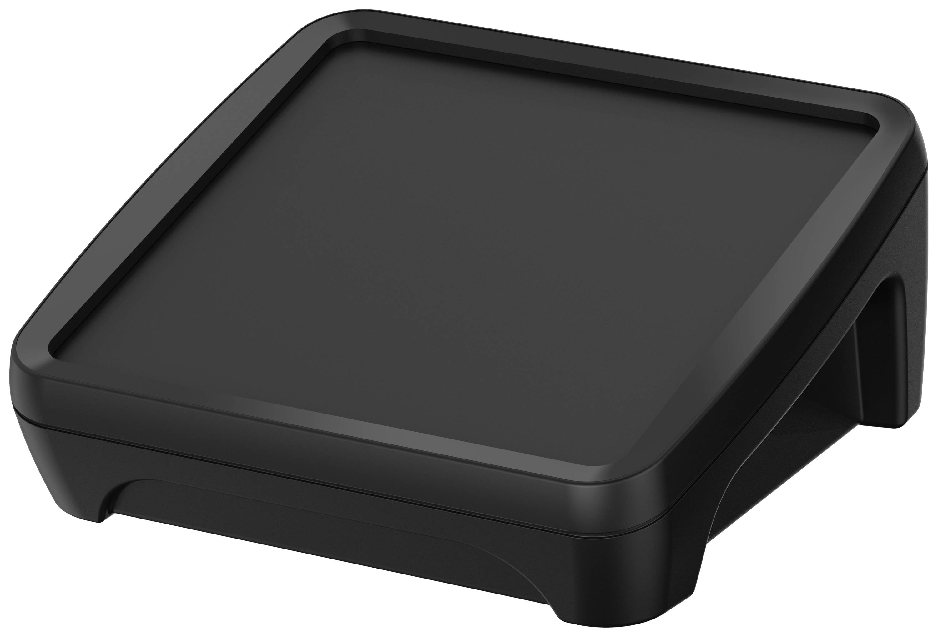 Un support de moniteur rectangulaire noir en plastique, surélevé pour un positionnement ergonomique de l'écran sur un bureau.