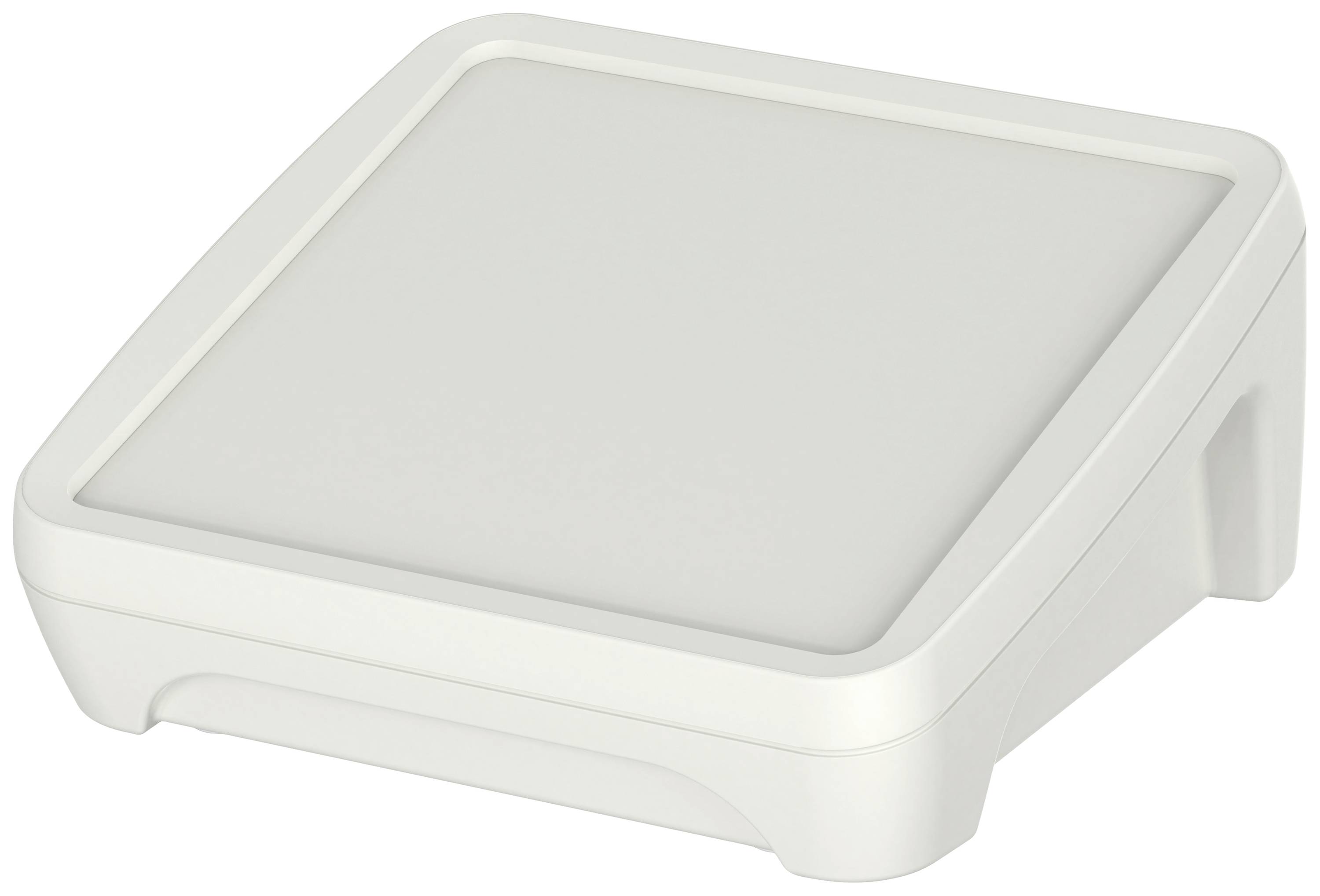 Un boîtier en plastique blanc, carré, avec des angles arrondis et une surface légèrement surélevée, spécialement conçu pour les appareils électroniques.