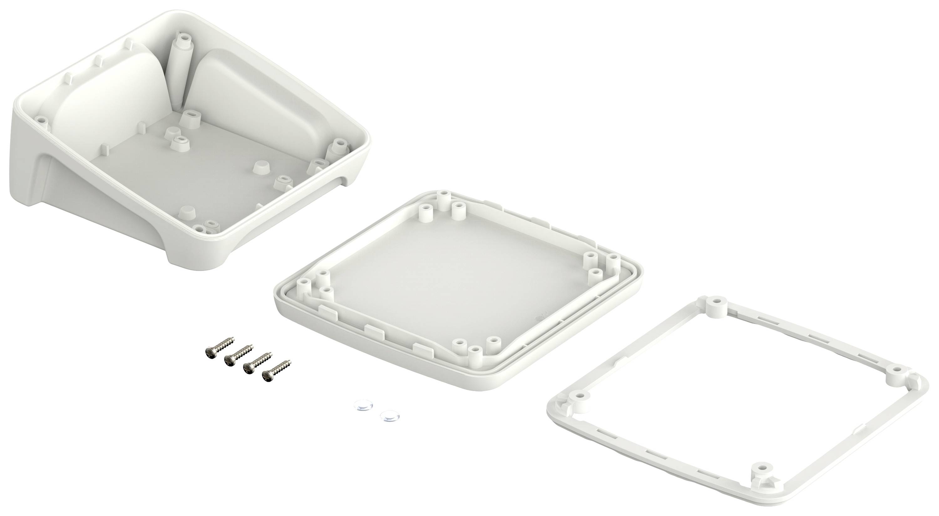 Trois pièces en plastique blanc et quatre vis. Les pièces semblent pouvoir s'assembler pour former un boîtier.