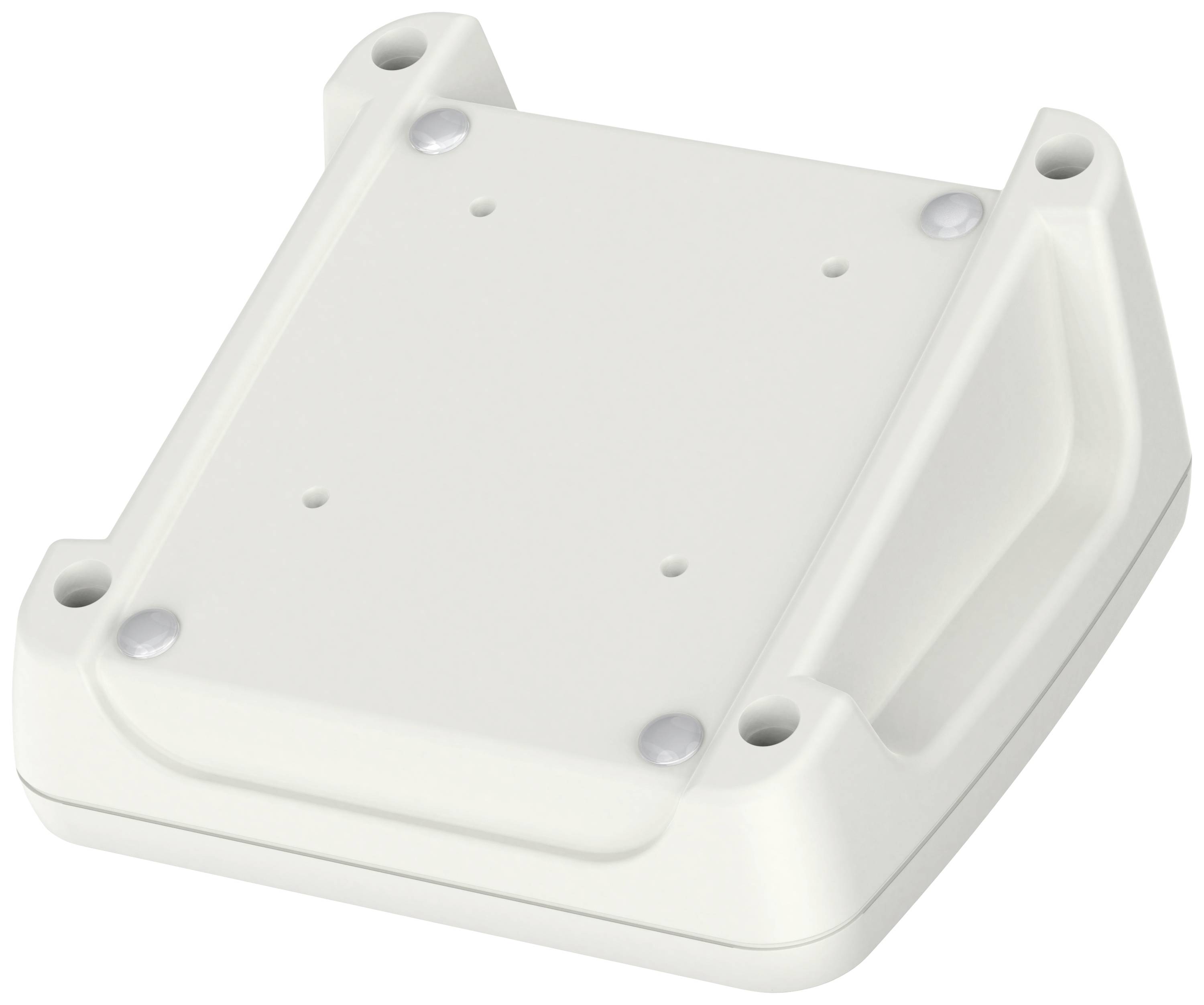 Un boîtier en plastique blanc, rectangulaire, avec des coins arrondis et quatre trous de fixation.