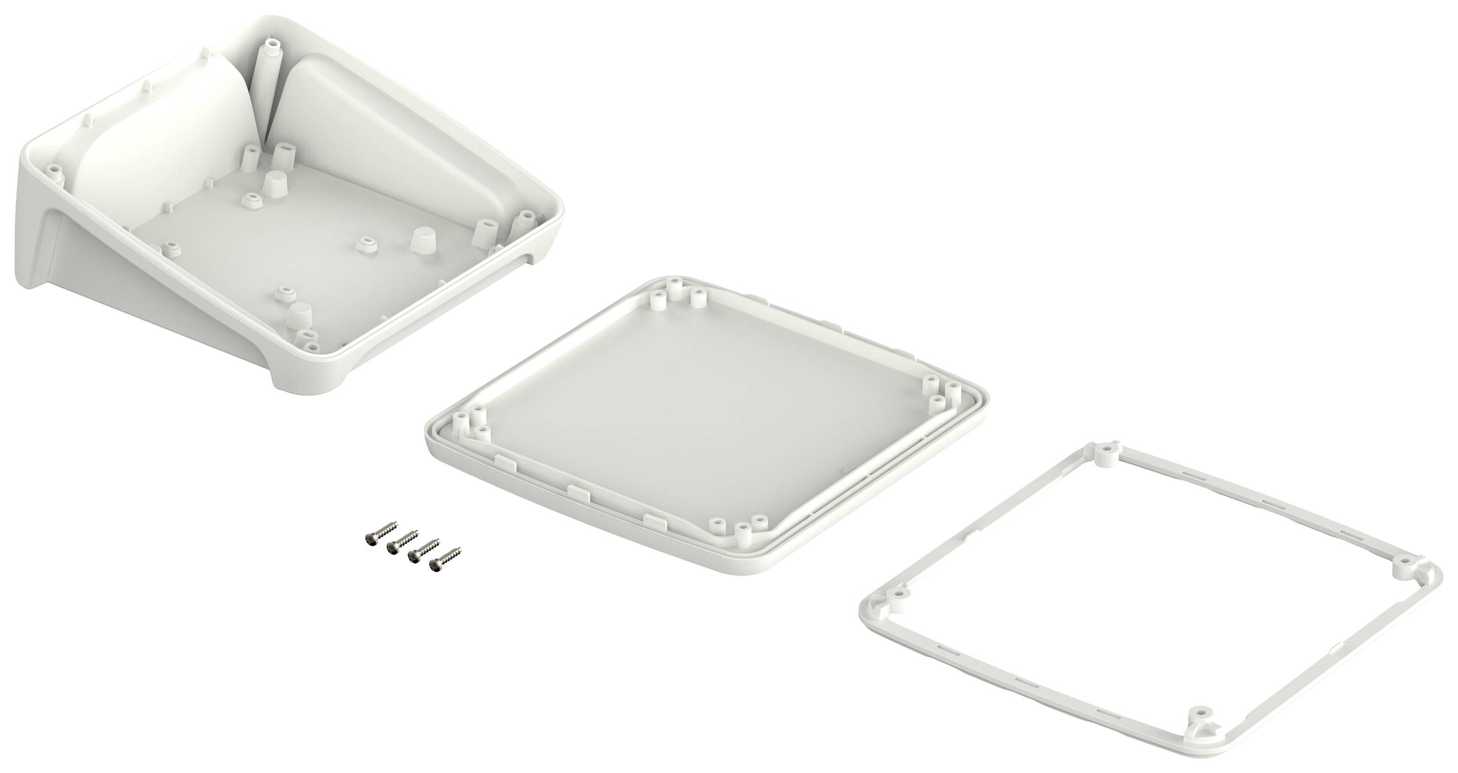 Un boîtier en plastique blanc en trois parties : base, couvercle et joint. Quatre vis argentées sont visibles.