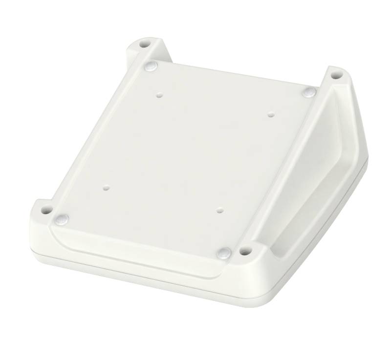 Boîtier compact en blanc avec quatre trous de fixation, adapté pour accueillir des composants électroniques de petite taille.