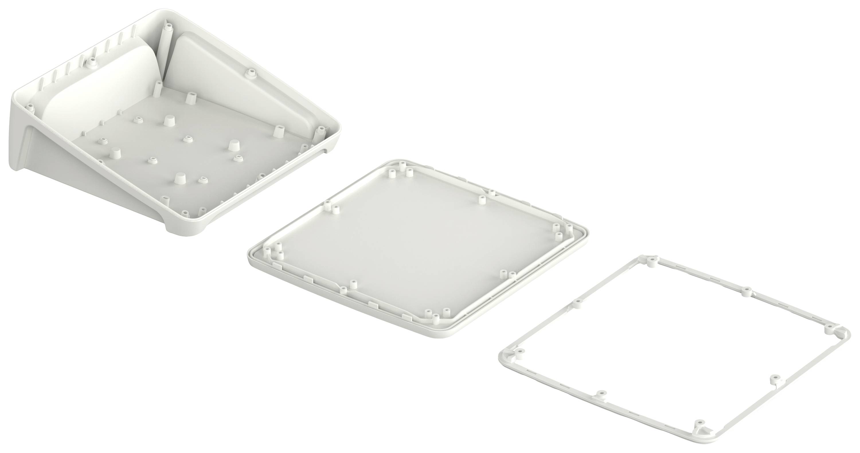Couvercle rectangulaire blanc en plastique composé de parties séparées, comprenant un boîtier principal et deux couvercles plats distincts.