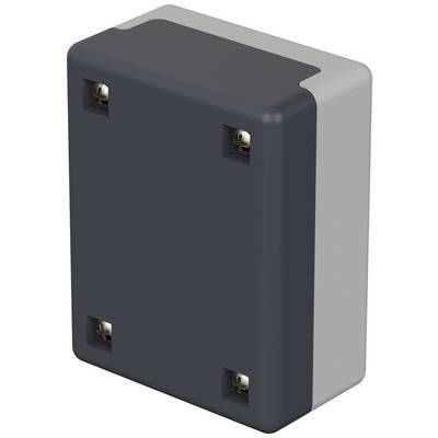 Boîtier rectangulaire en plastique sombre aux coins arrondis et aux côtés gris argentés, adapté aux composants électroniques.