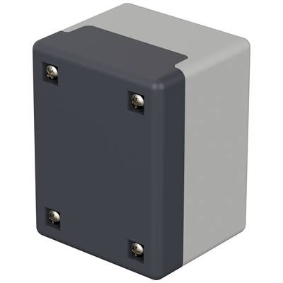 Un boîtier électrique rectangulaire en plastique gris et noir avec quatre vis visibles.