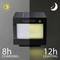 Une lampe solaire de Sygonix présente deux modes : à gauche, elle se charge pendant 8 heures le jour, à droite, elle éclaire pendant 12 heures la nuit. Des symboles de soleil et de lune indiquent ces modes.
