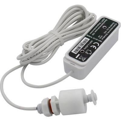 Un interrupteur à flotteur blanc avec câble, portant le marquage CE, pour le contrôle automatique du niveau d'eau dans les réservoirs ou citernes.