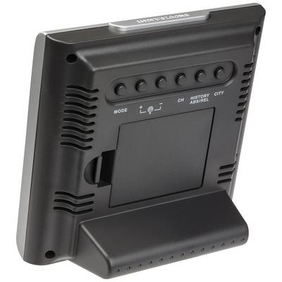 Dos d'un appareil électronique avec plusieurs boutons et support, permettant différents modes et réglages.