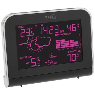 Station météorologique électronique affichant la température intérieure et extérieure, l'heure, les prévisions météorologiques avec des symboles, l'évolution de la pression atmosphérique et l'humidité.