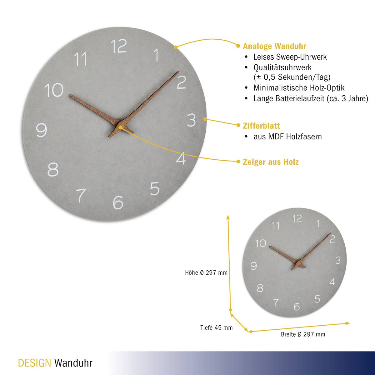 Horloge murale analogique avec mécanisme silencieux, design minimaliste aspect bois. Cadran en MDF, aiguilles en bois, autonomie de pile d'environ 3 ans.
