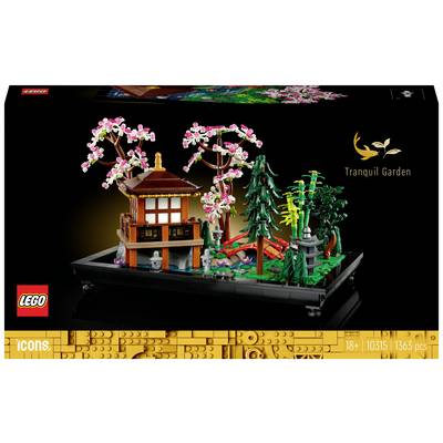 Ensemble LEGO 'Jardin Tranquille' présente un paysage de jardin japonais avec des cerisiers en fleurs, un étang, un pont et un petit bâtiment.