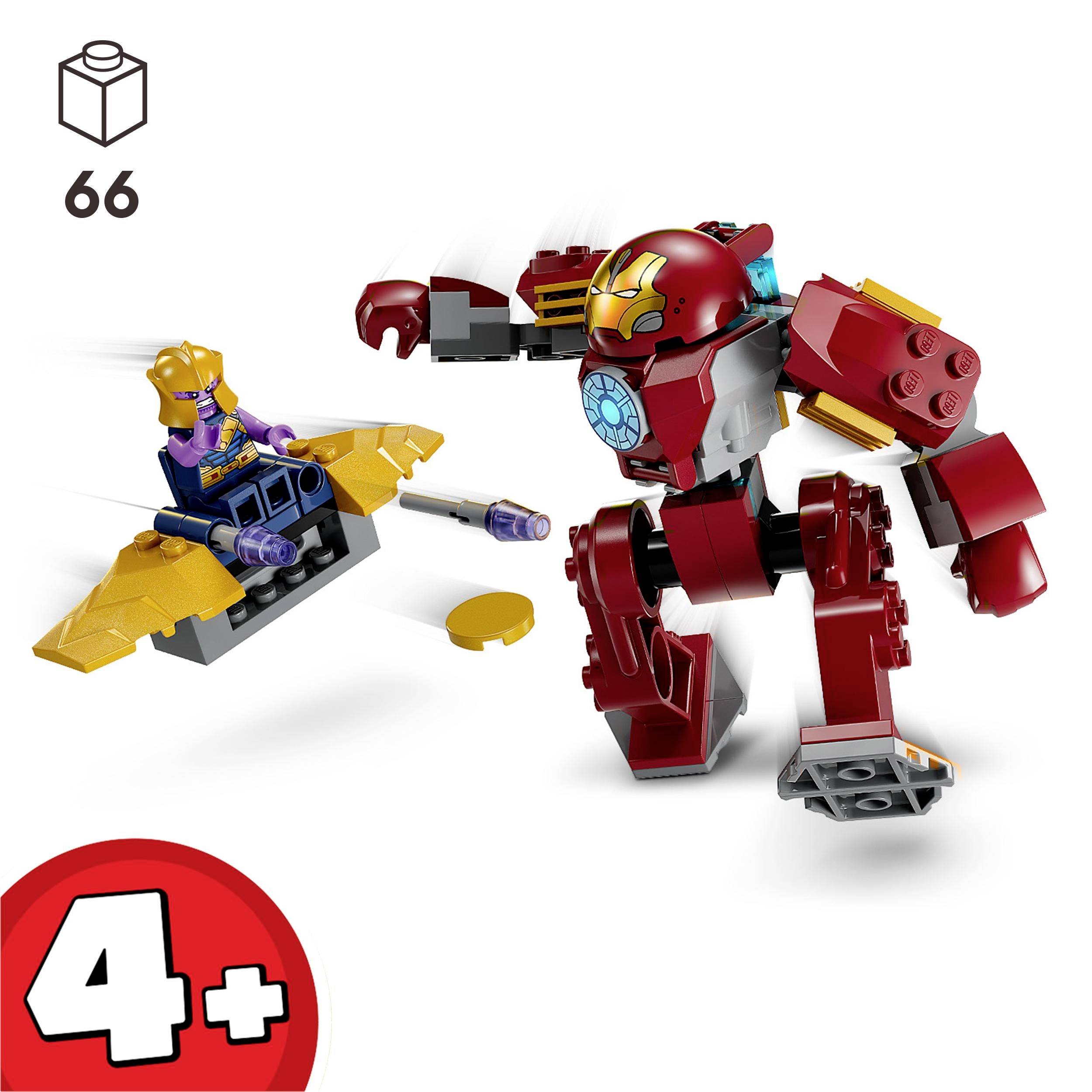 'Ensemble LEGO pour enfants à partir de 4 ans : Robot rouge combattant contre une figurine sur un glisseur jaune. Ensemble comprenant 66 pièces.'