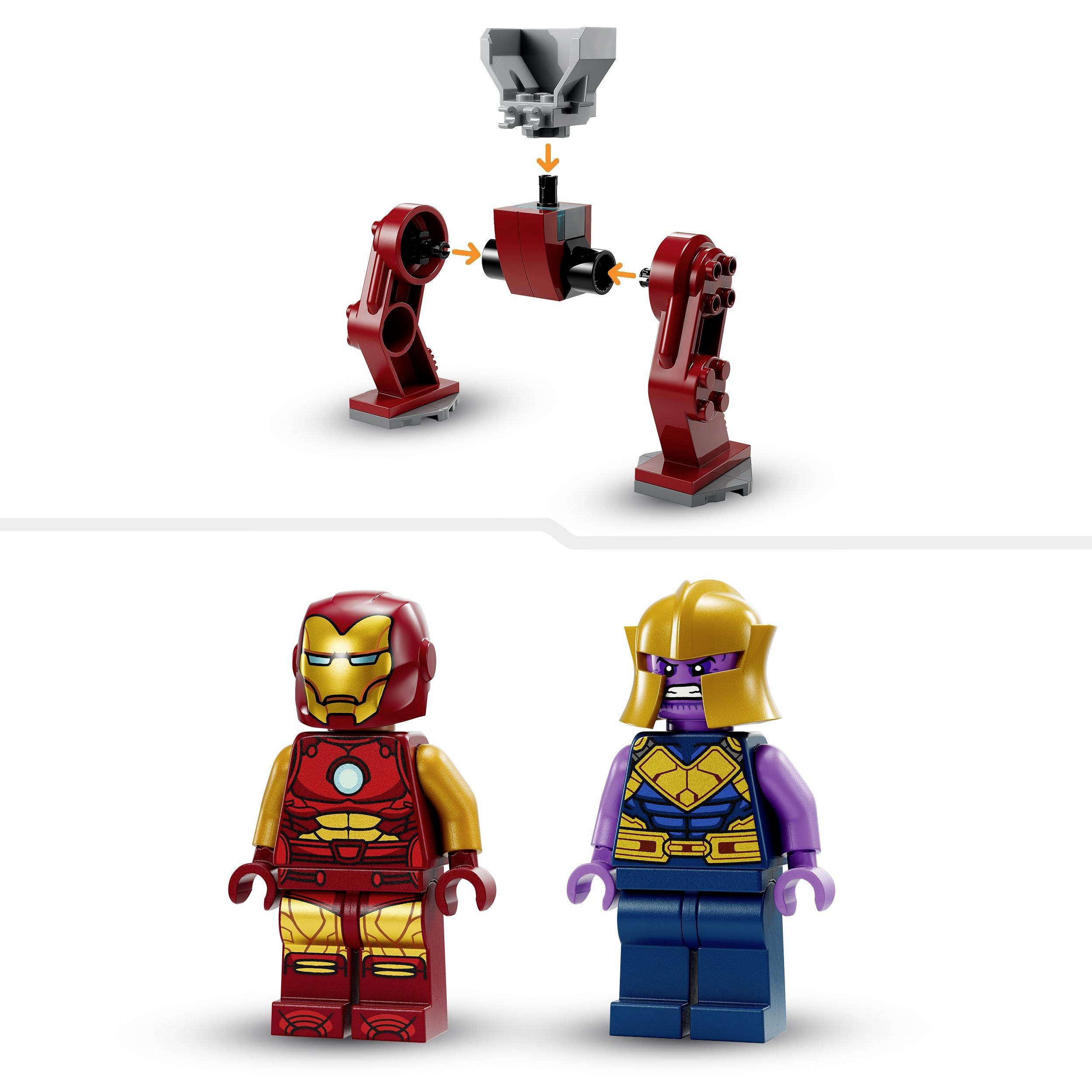 Deux figurines LEGO : À gauche Iron Man avec une armure rouge, à droite Thanos avec un casque doré et une peau violette. Au-dessus, montage d'articulations de jambes LEGO.