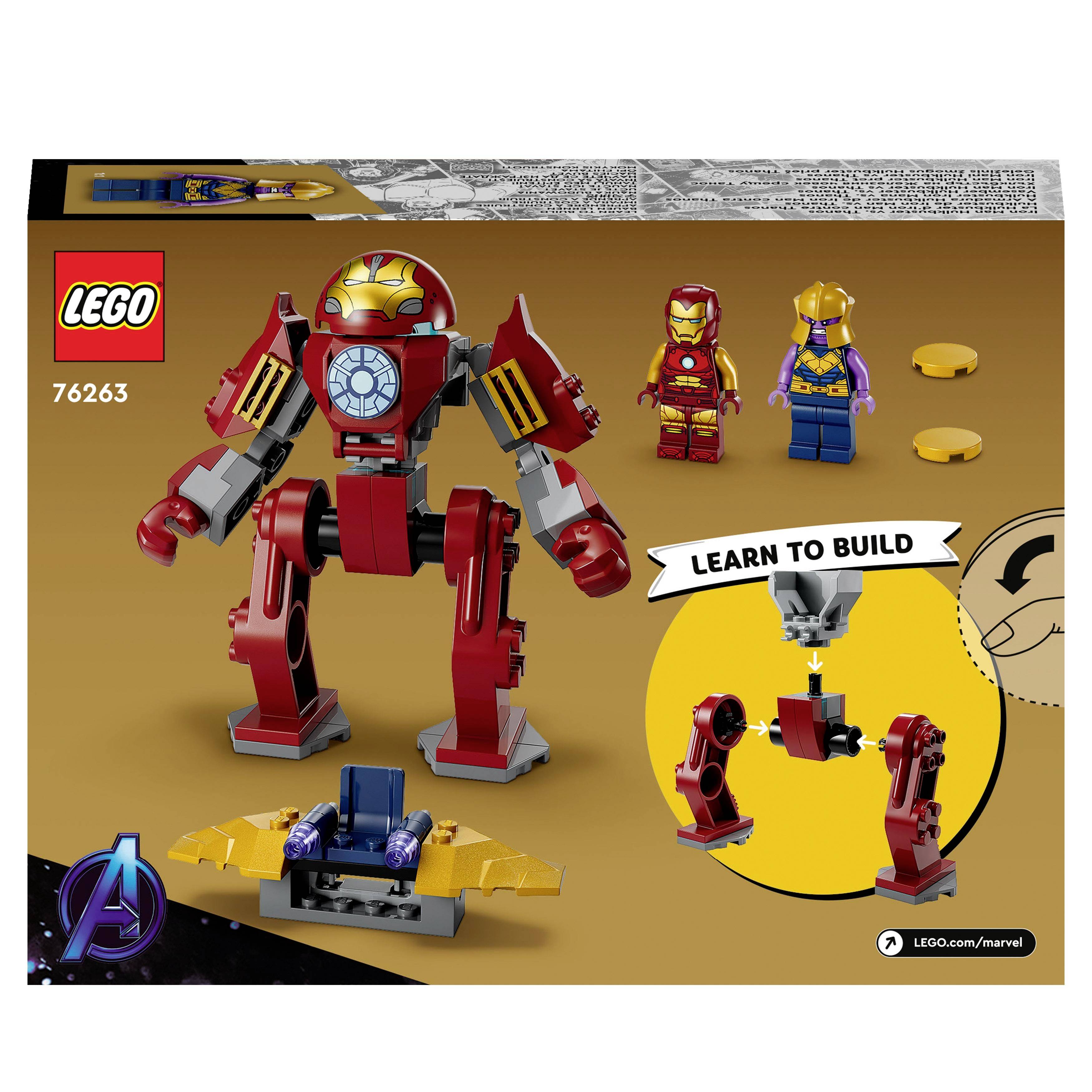 Ensemble Lego 76263, comprenant un robot Iron Man, deux figurines Iron Man et des pièces avec un manuel de montage. Thème Marvel.