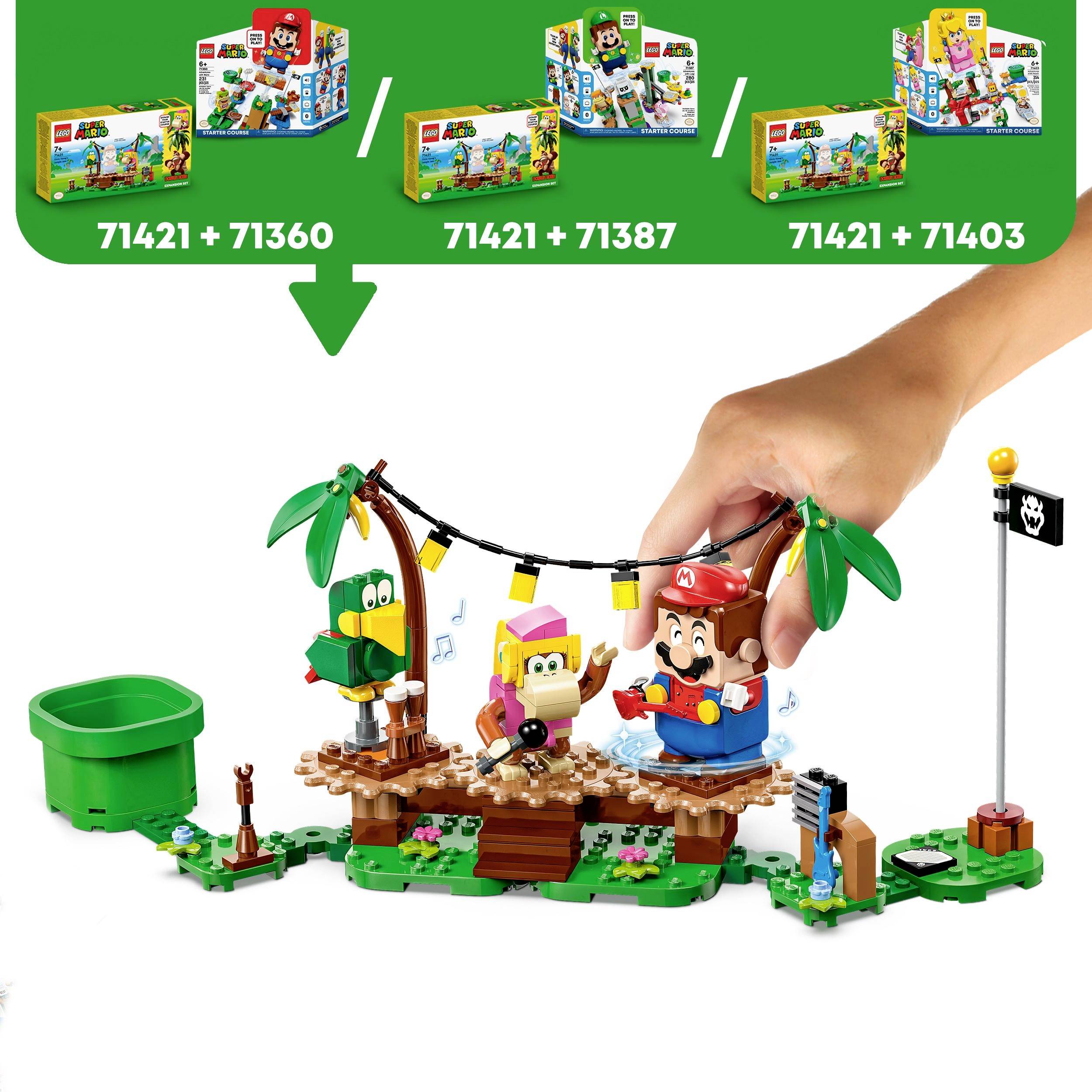 Sets LEGO Super Mario : Trois différents sets avec des personnages et des éléments à construire. Main arrangeant des figurines sur un pont.