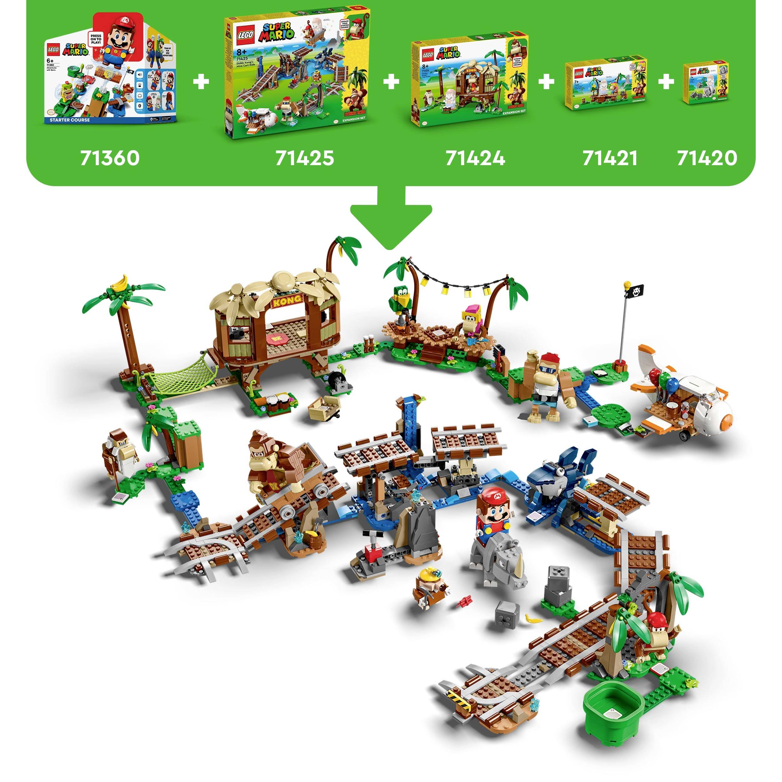 Un ensemble de construction LEGO Super Mario comprenant différents sets qui forment un paysage d'aventure étendu avec des obstacles et des personnages.