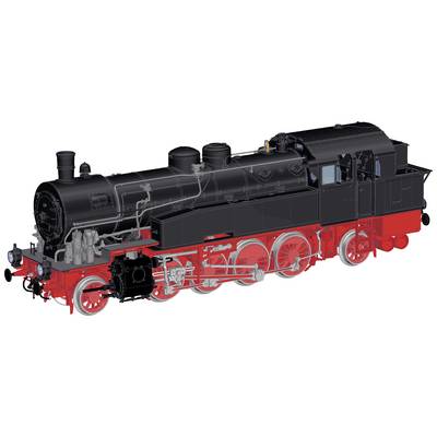 Illustration d'une locomotive à vapeur en vue latérale, présentant une représentation détaillée de ses composants externes et de ses roues.
