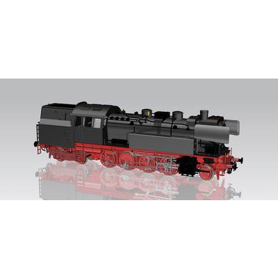 Une représentation détaillée en 3D d'une locomotive à vapeur historique, vue de profil, avec des détails techniques visibles de sa structure.
