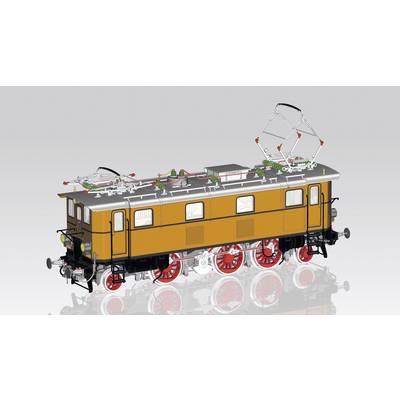 Locomotive électrique historique avec deux grands pantographes, un corps jaune et des roues à rayons rouges remarquables sur un fond gris.