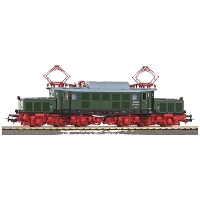 Une locomotive électrique verte avec des roues rouges est stationnée sur des rails de chemin de fer. Elle est représentée de profil avec deux pantographes.