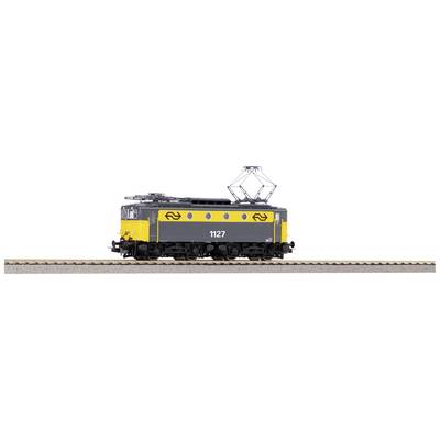 Une locomotive noire et jaune portant le numéro '1127' roule sur une voie ferrée.