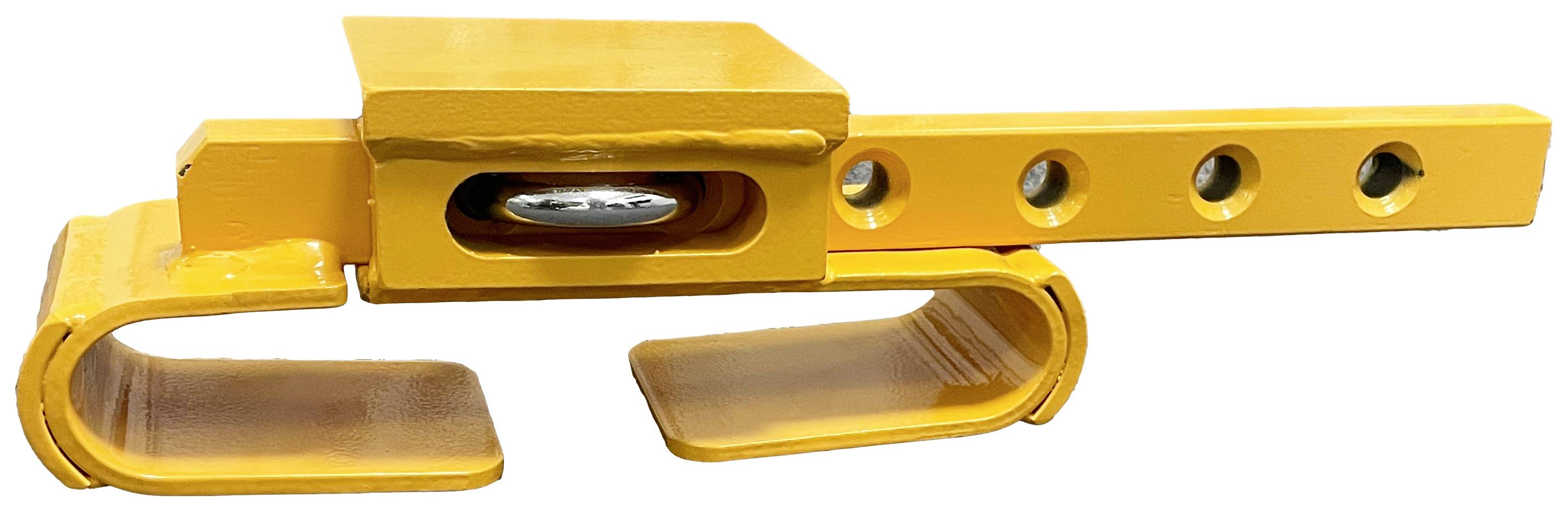 Pièce métallique jaune avec un corps rectangulaire et une rail percée de trous. Elle présente des extrémités courbées agissant comme des crochets. Utilisée dans des applications industrielles.