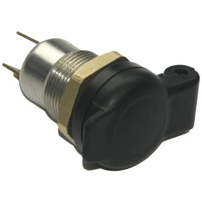 Un interrupteur à bouton-poussoir noir avec un filetage métallique et deux bornes de connexion pour la fixation.