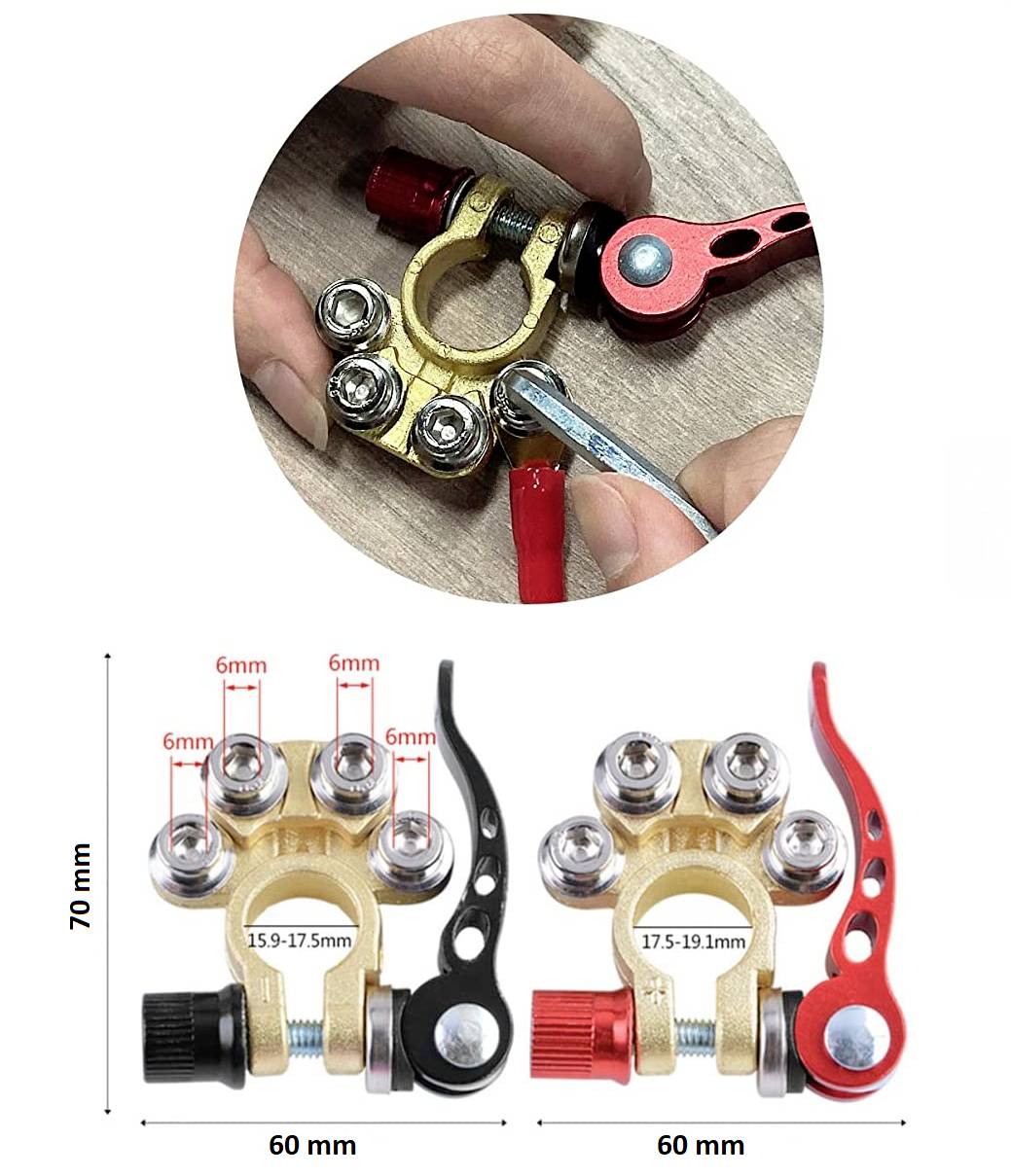 'Bornes de batterie universelles avec fermetures rapides et dimensions ; convenant aux batteries de 15,9-19,5 mm. Disponibles en deux couleurs.'