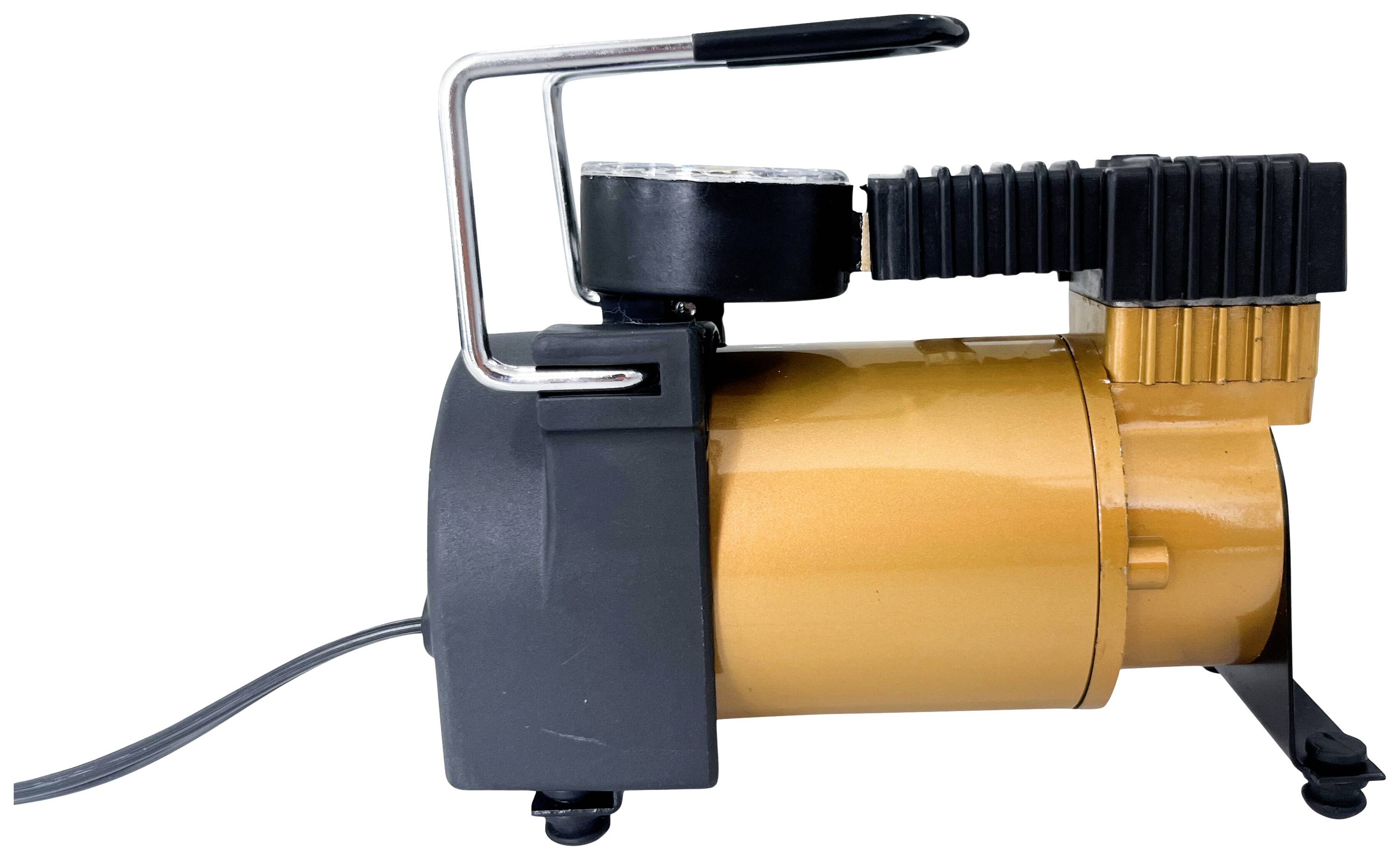 Un compresseur d'air portable jaune avec une poignée noire et un manomètre, utilisé pour gonfler des pneus ou d'autres objets gonflables.