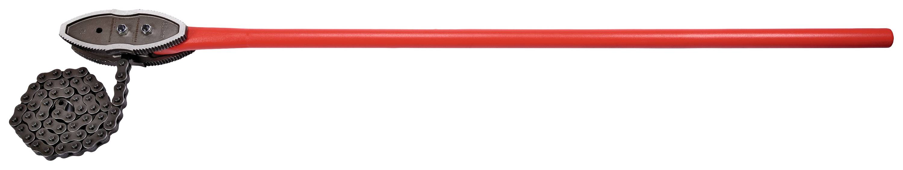 Clé à pipe rouge avec mécanisme de chaîne ajustable pour desserrer des tuyaux et des vis.
