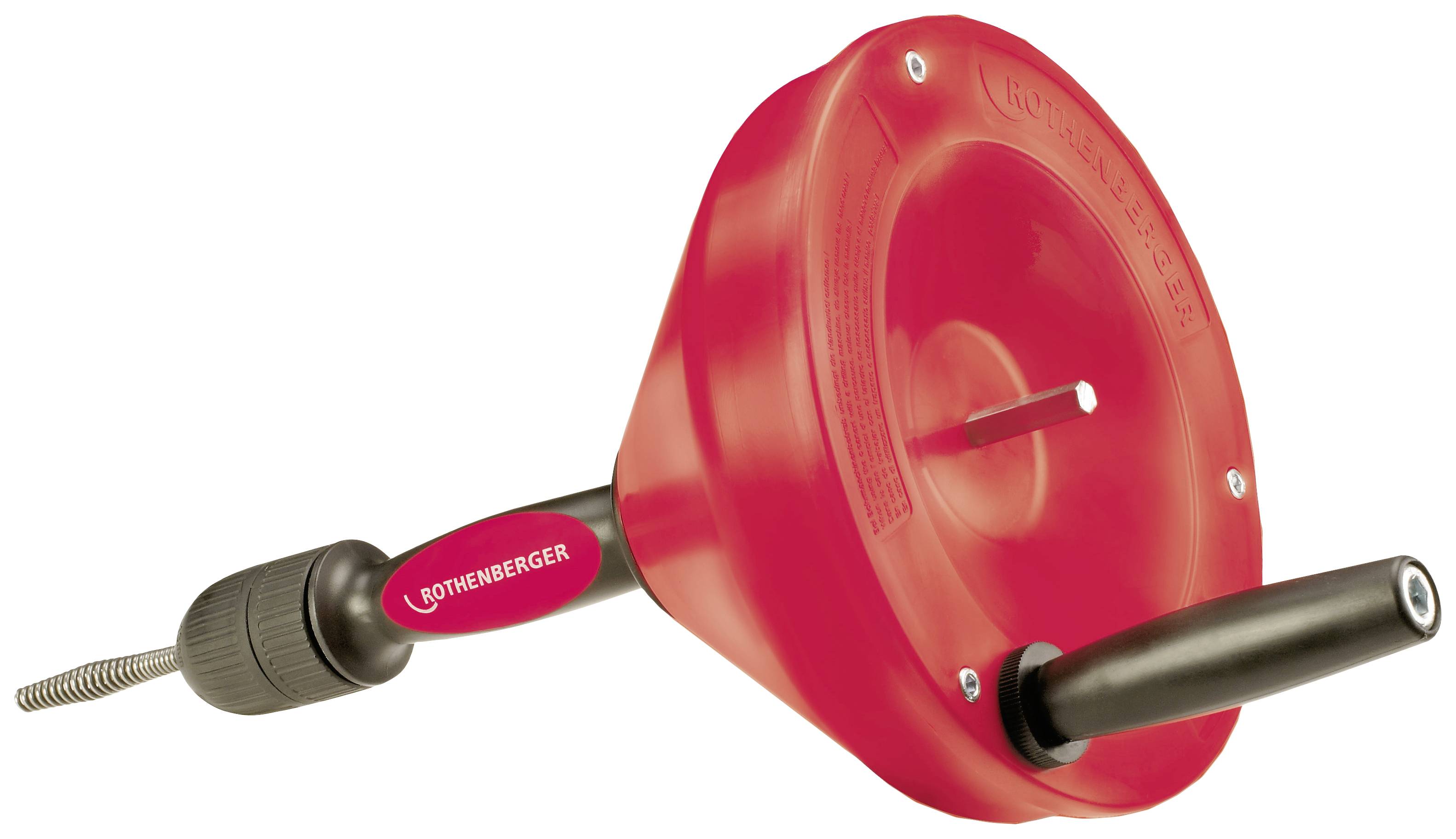 Une spirale de nettoyage rouge pour débouchage avec poignée et manivelle, utilisée pour nettoyer les canalisations et éliminer les obstructions.