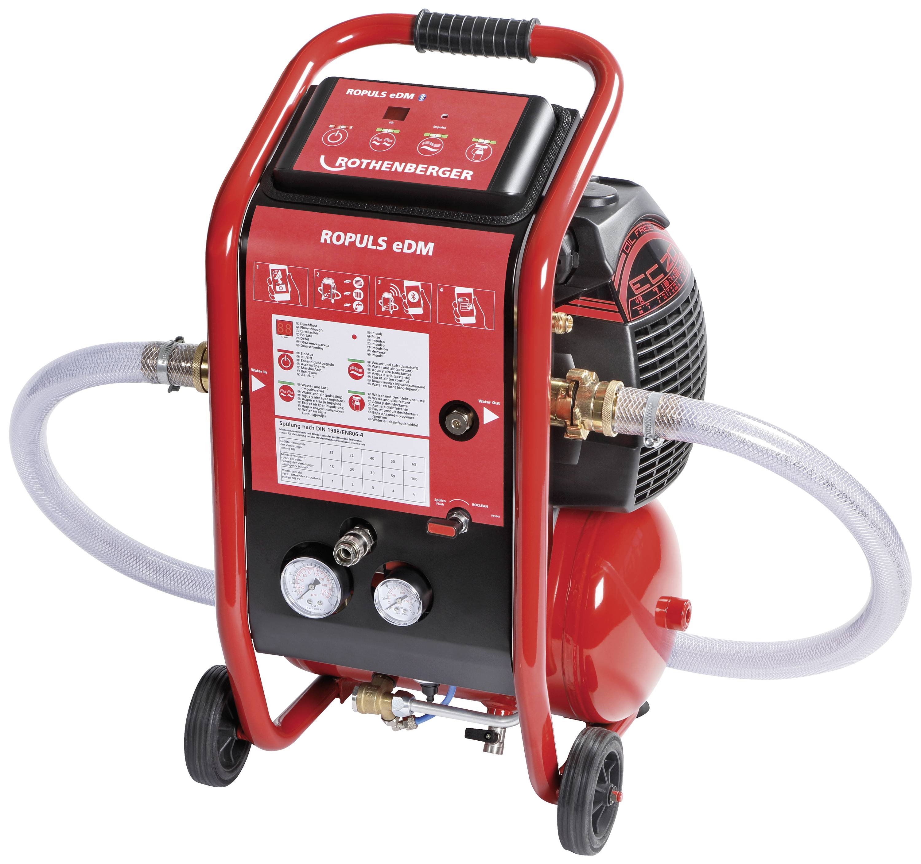 Un appareil ROPULS eDM rouge pour le nettoyage des systèmes de chauffage, avec des indicateurs, des tuyaux et des instructions d'utilisation sur la façade.