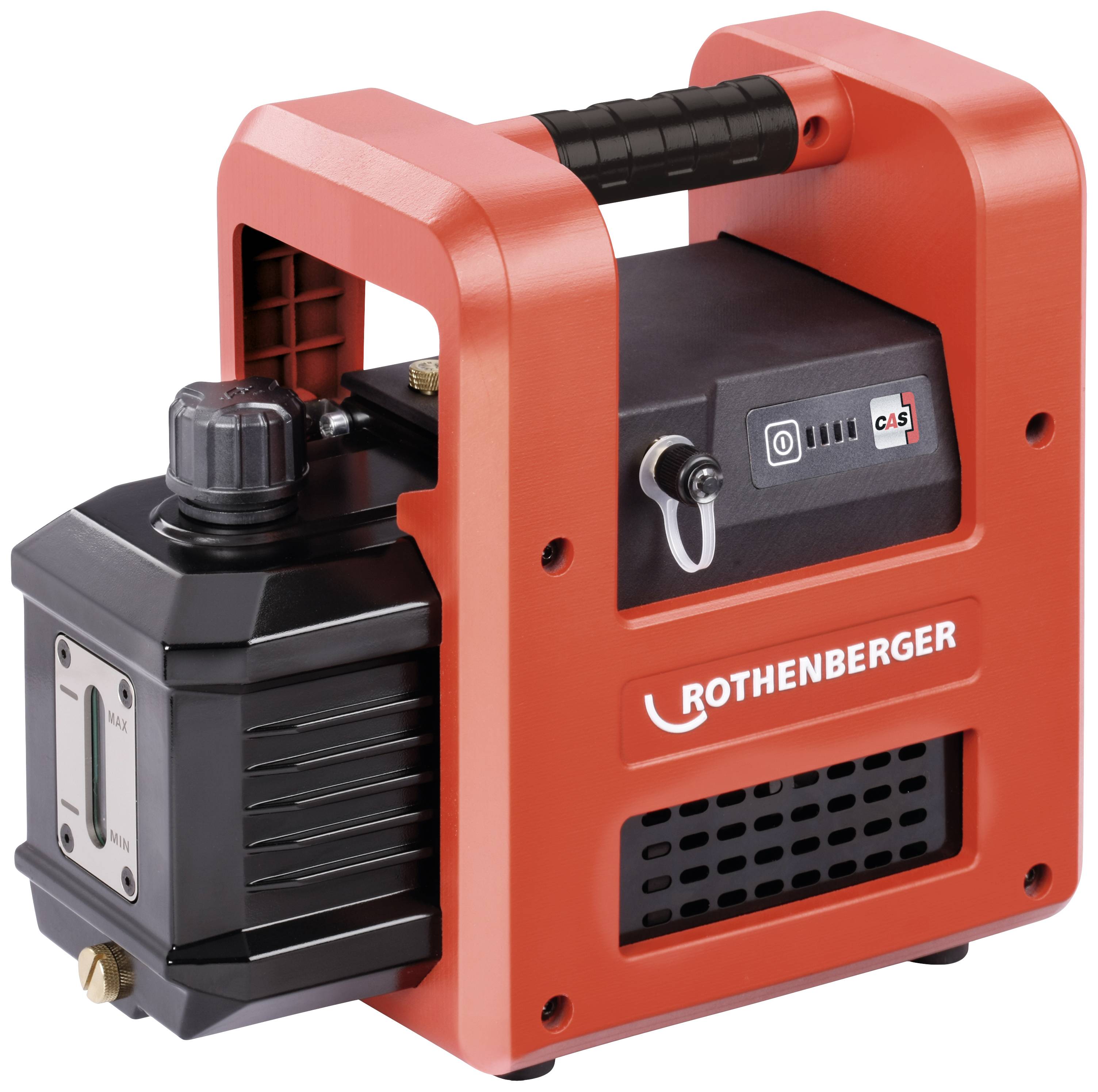 Pompe à vide rouge de Rothenberger, compacte et portable, avec une poignée noire et des éléments de commande sur le côté.