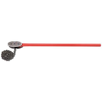 Clé à pipe rouge avec longue tige de préhension et chaîne métallique pour raccorder ou fixer des tuyaux.