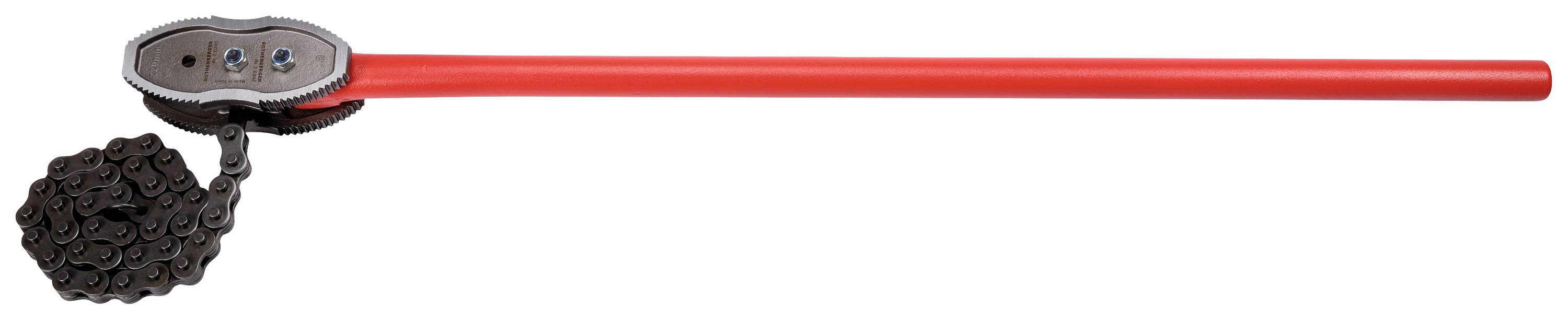 Une clé à chaîne rouge avec une longue poignée et une chaîne sur le côté gauche, utilisée pour serrer ou desserrer des tuyaux.