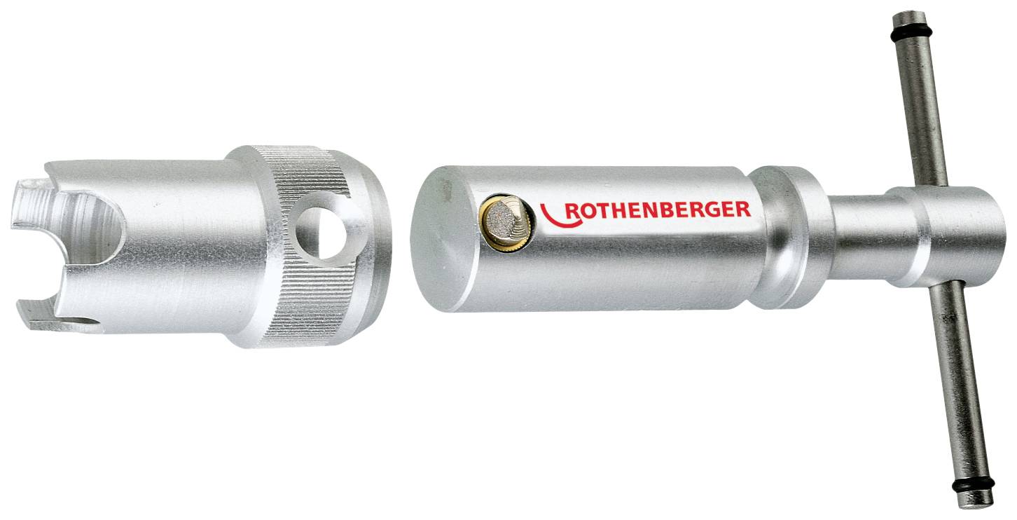 Un outil à ébavurer les tubes en argent de la marque Rothenberger, composé de deux parties métalliques avec une poignée, destiné à l'usinage des tubes.