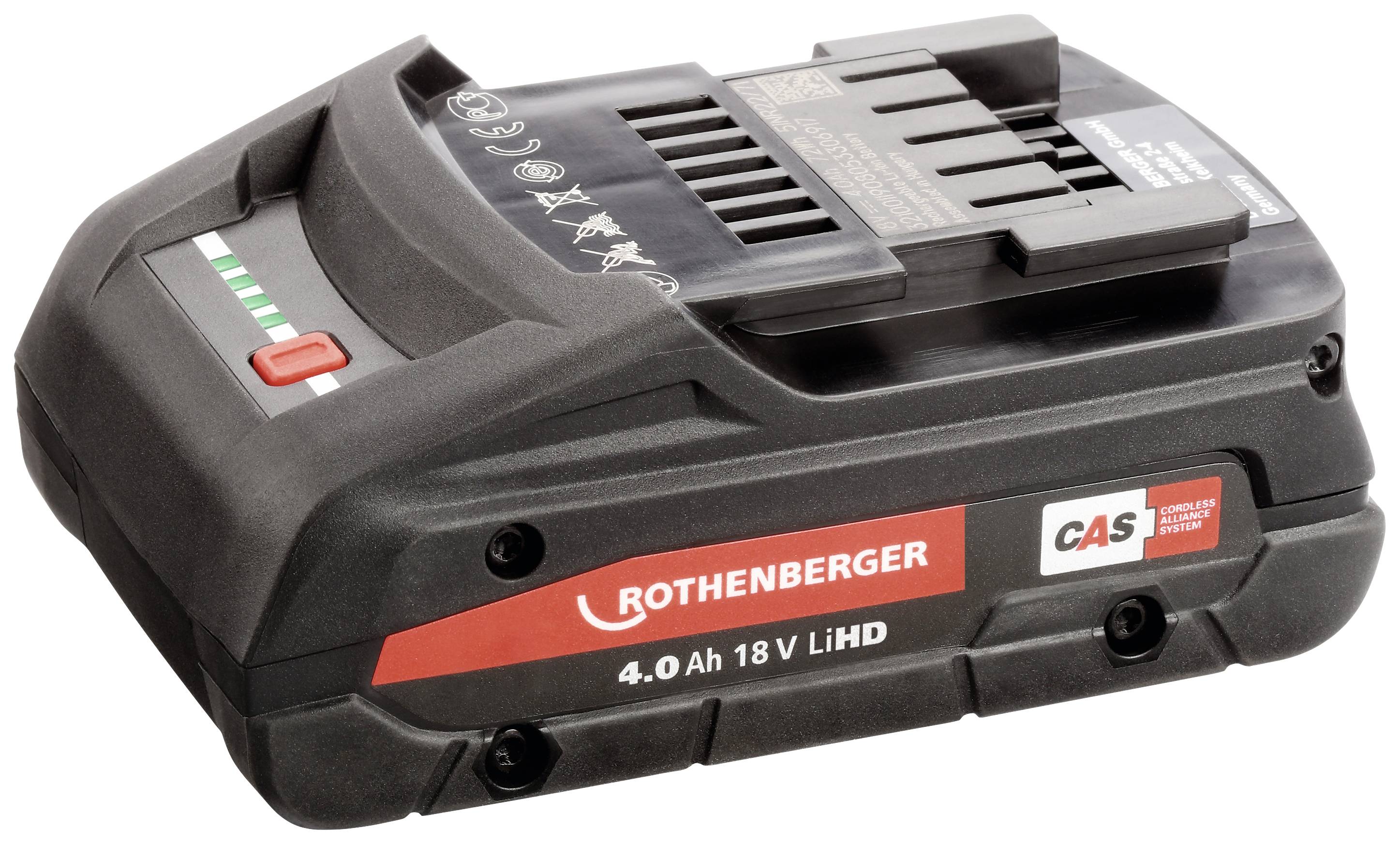 Pack de batteries Rothenberger portant l'inscription '4.0 Ah 18 V LiHD', boîtier noir avec logo rouge et blanc, indicateur de charge vert.
