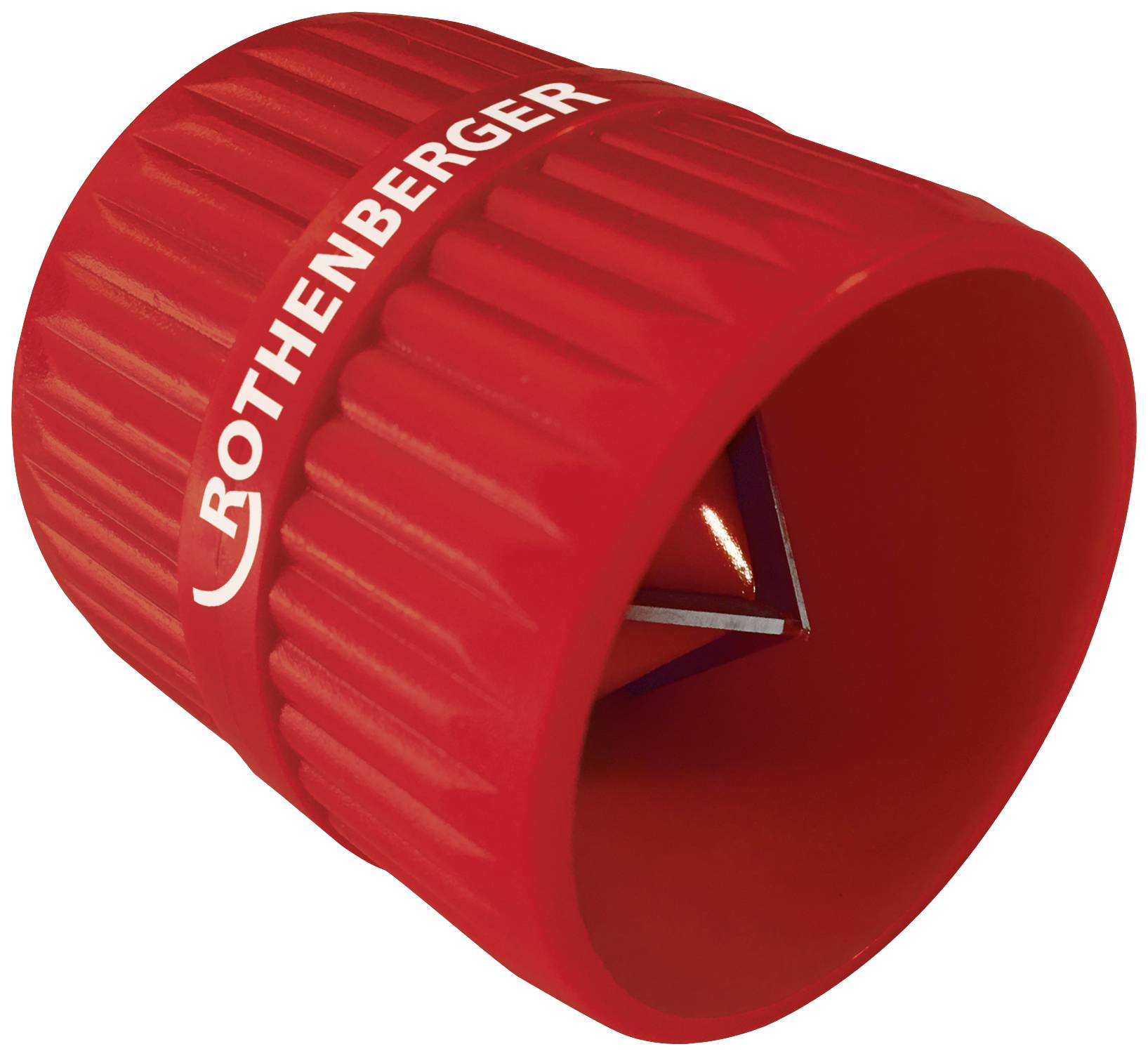 Détareur de tubes rouge à surface rainurée, utilisé pour ébavurer les tubes lors d'installations et de réparations.