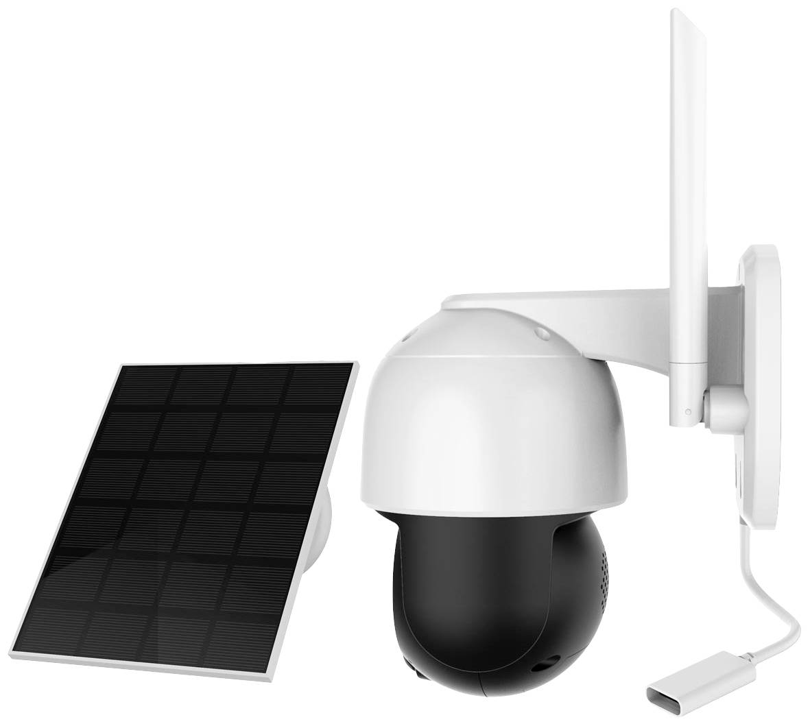 Une caméra de surveillance avec un panneau solaire, montée sur un support mural. La caméra est équipée d'une antenne pour une connexion sans fil.