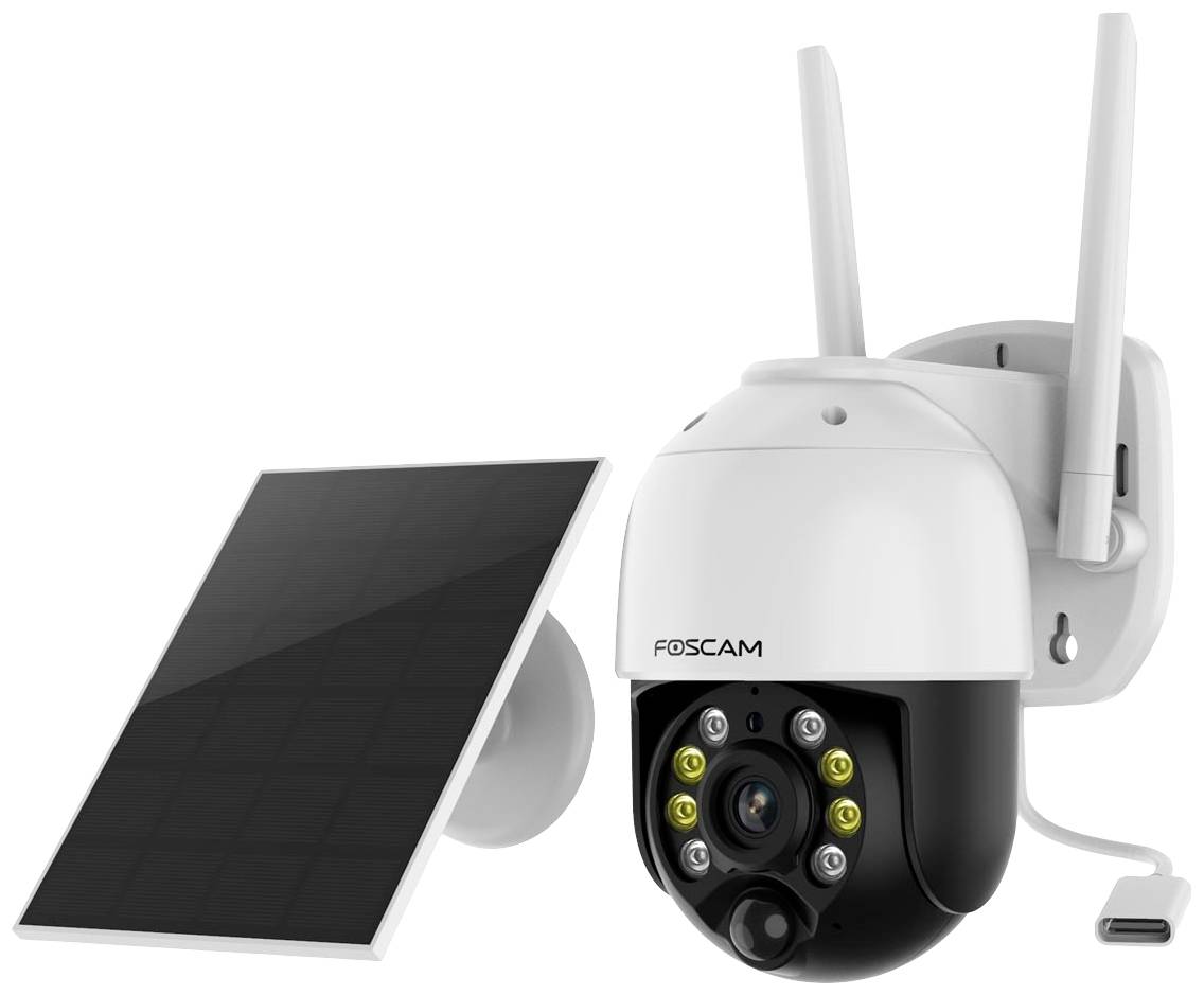 Caméra de surveillance avec panneau solaire ; design noir et blanc, plusieurs antennes ; convient pour une utilisation extérieure ; numéro de modèle sur la caméra.