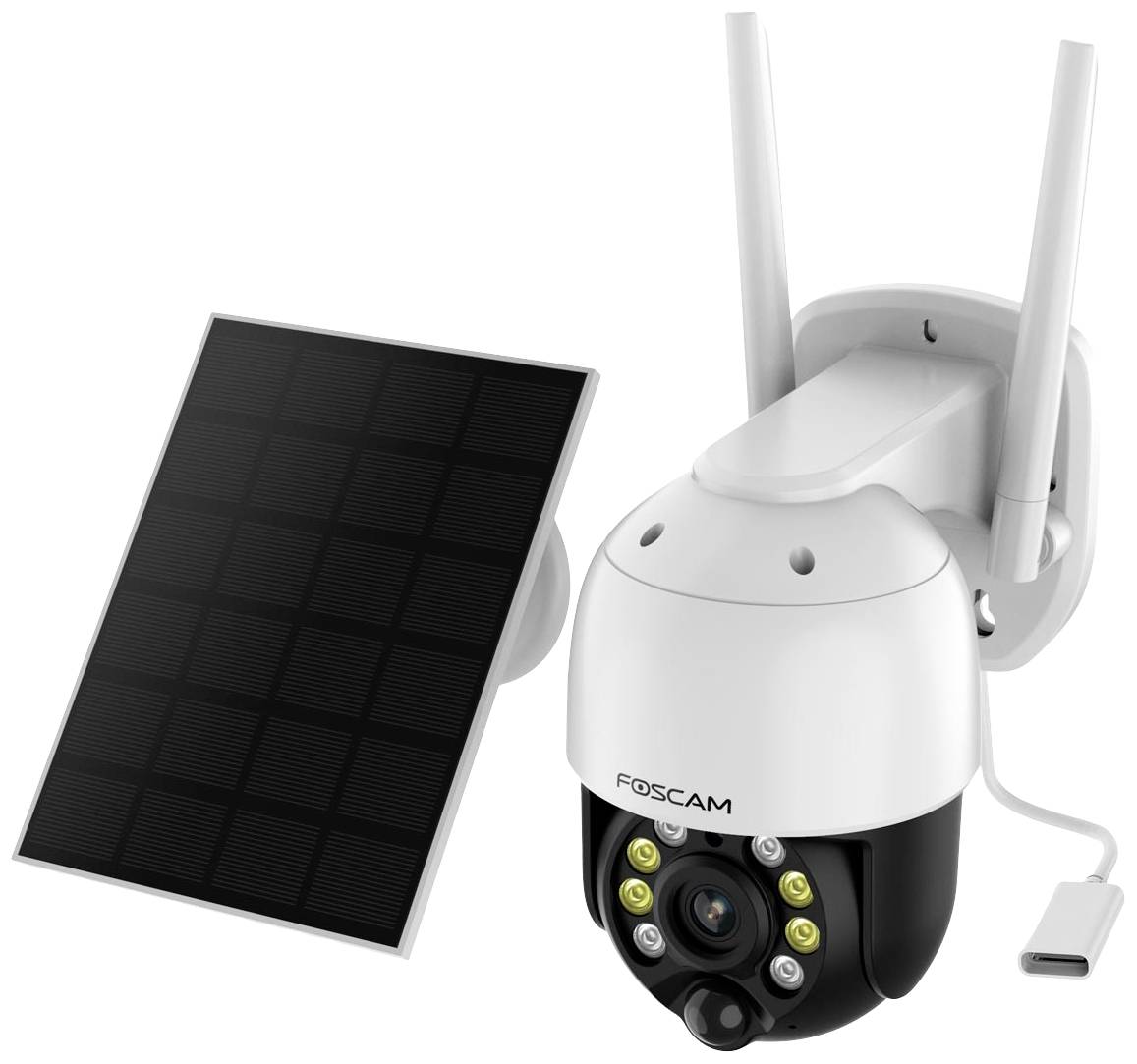 Caméra de surveillance avec panneau solaire et deux antennes, logo Foscam sur la caméra.