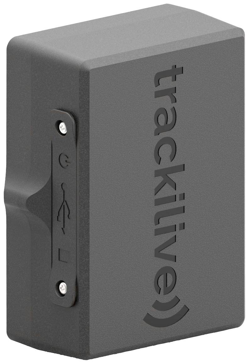 Un appareil GPS noir portant l'inscription 'trackilive'. Un port USB est visible sur le côté.