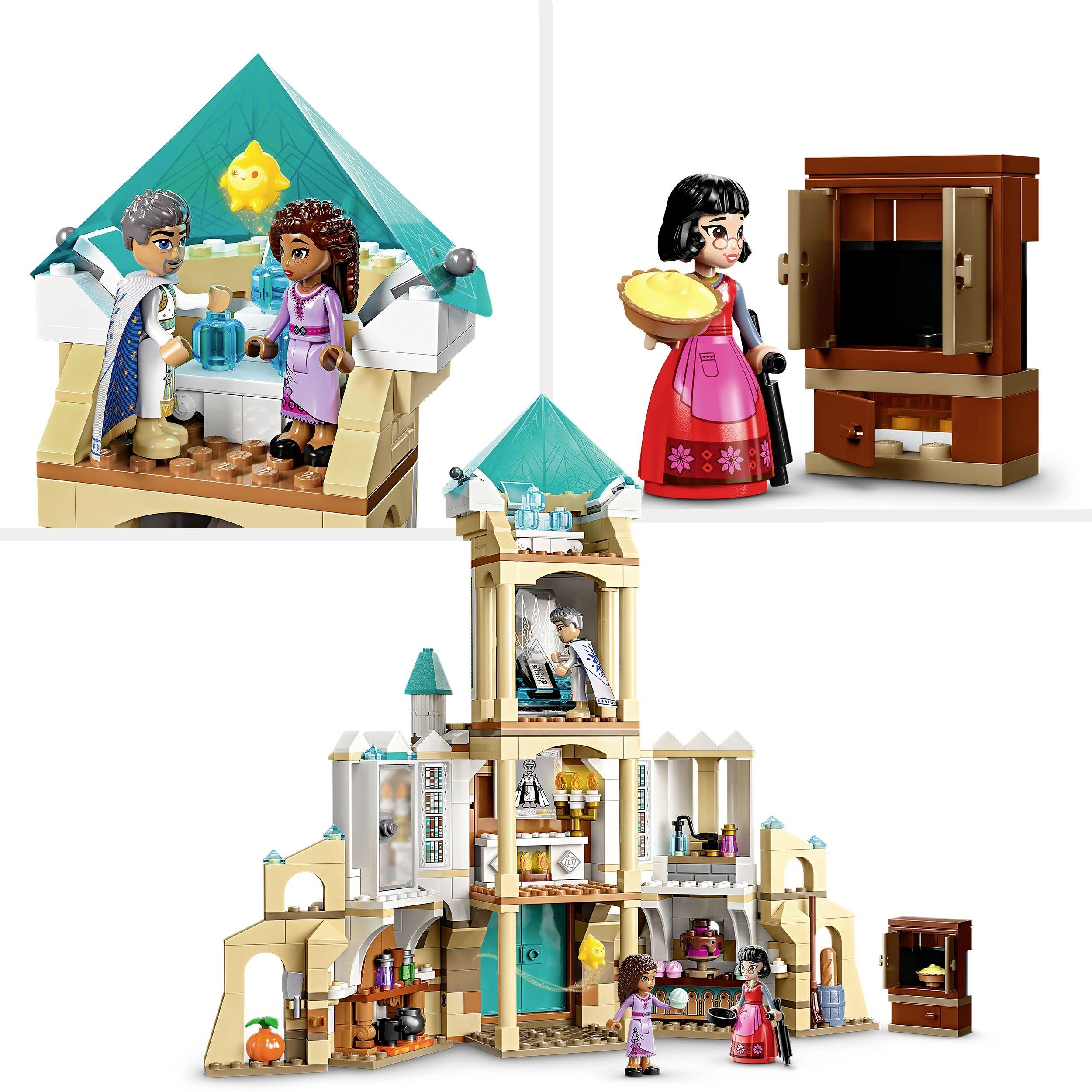 Ensemble de jouets de construction avec des personnages dans une maison aux détails minutieux. Un personnage tient un bol, un autre se tient dans un espace de vie.